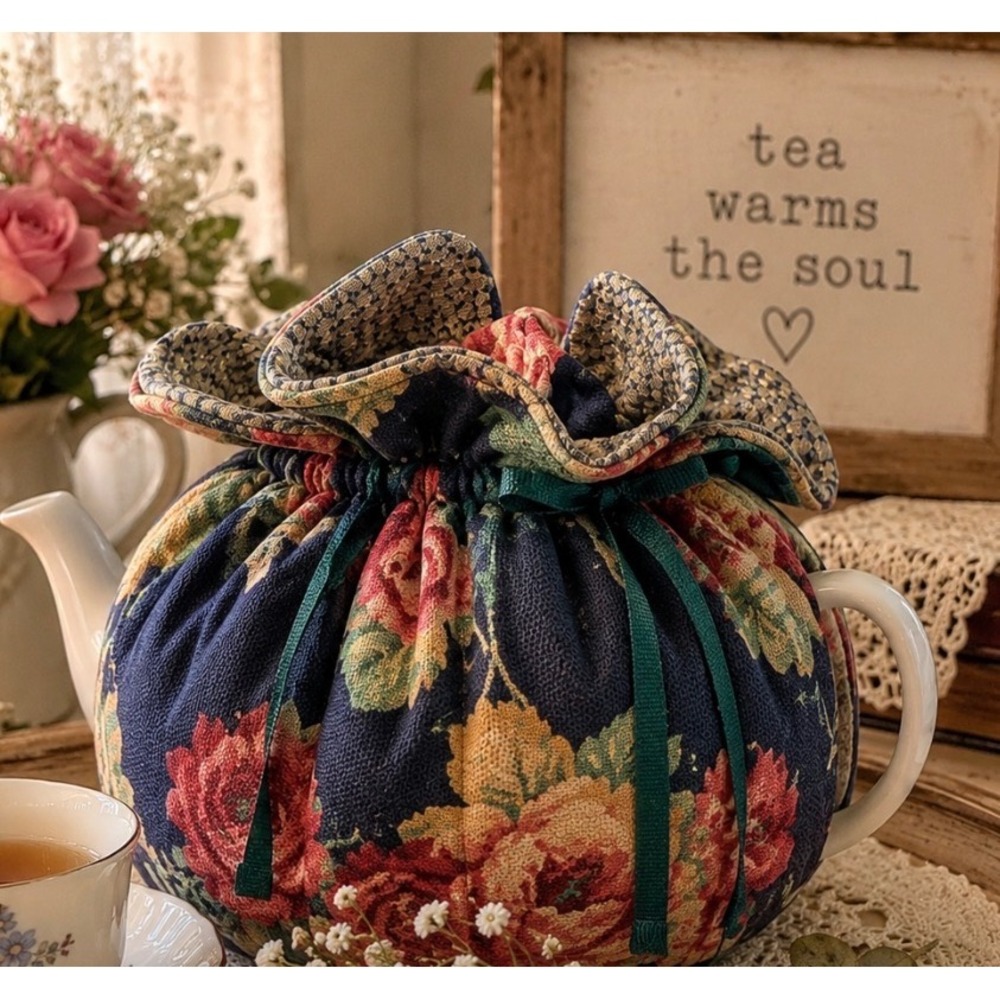 Floral Tea Cozy with White Ceramic Teapot Set Cottagecore Navy‎ Rose